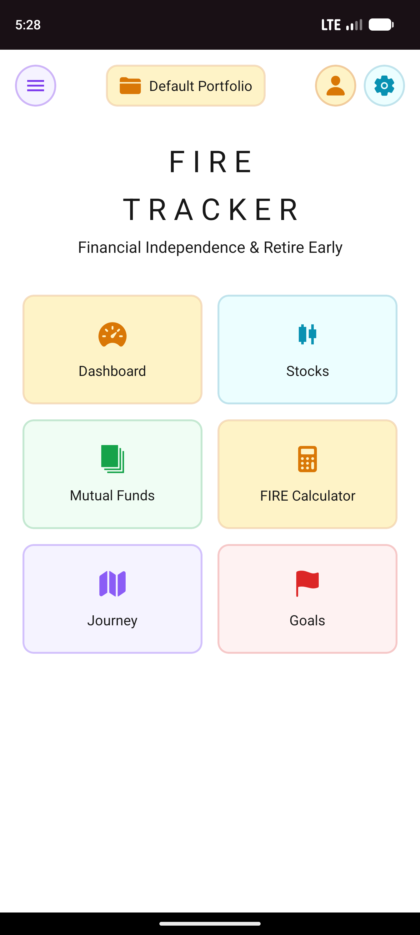 FIRE Tracker real app screenshot — Android: Welcome & Menu