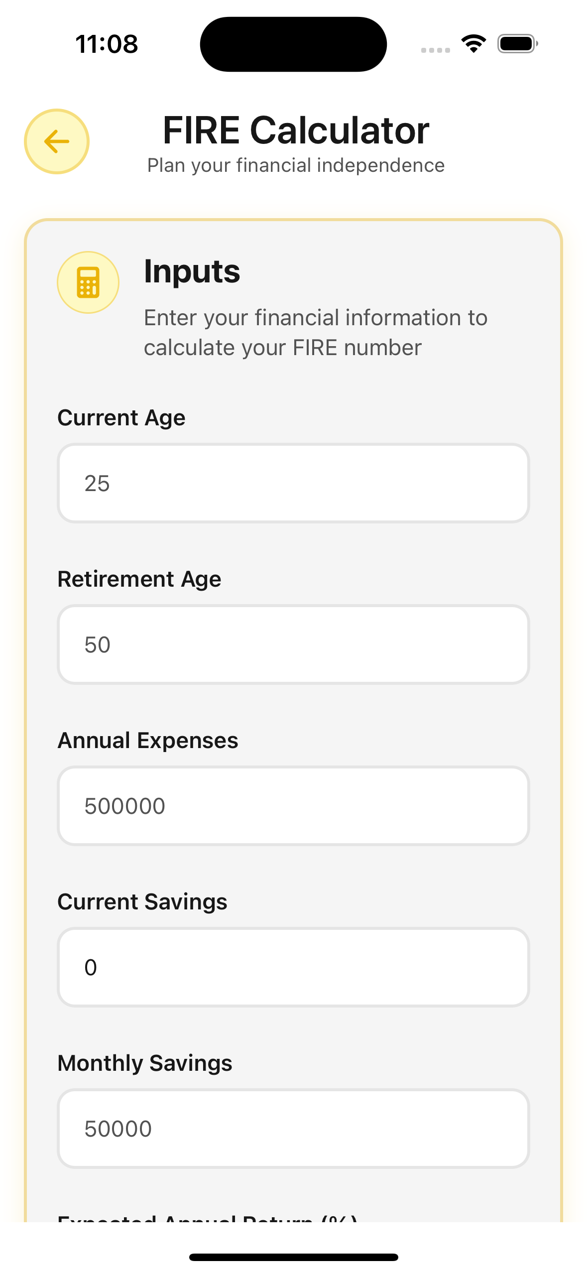FIRE Tracker real app screenshot — iOS: FIRE Calculator