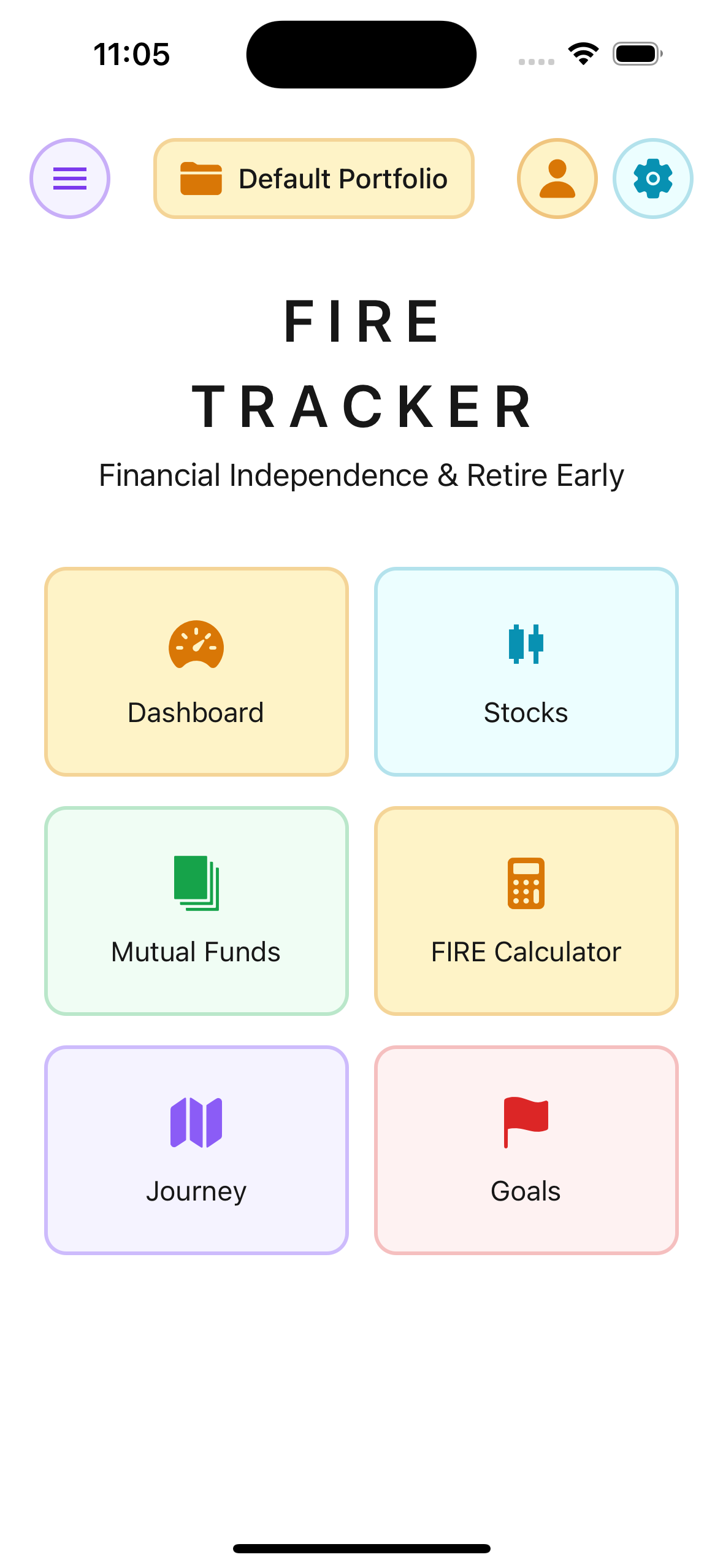 FIRE Tracker real app screenshot — iOS: Welcome & Menu
